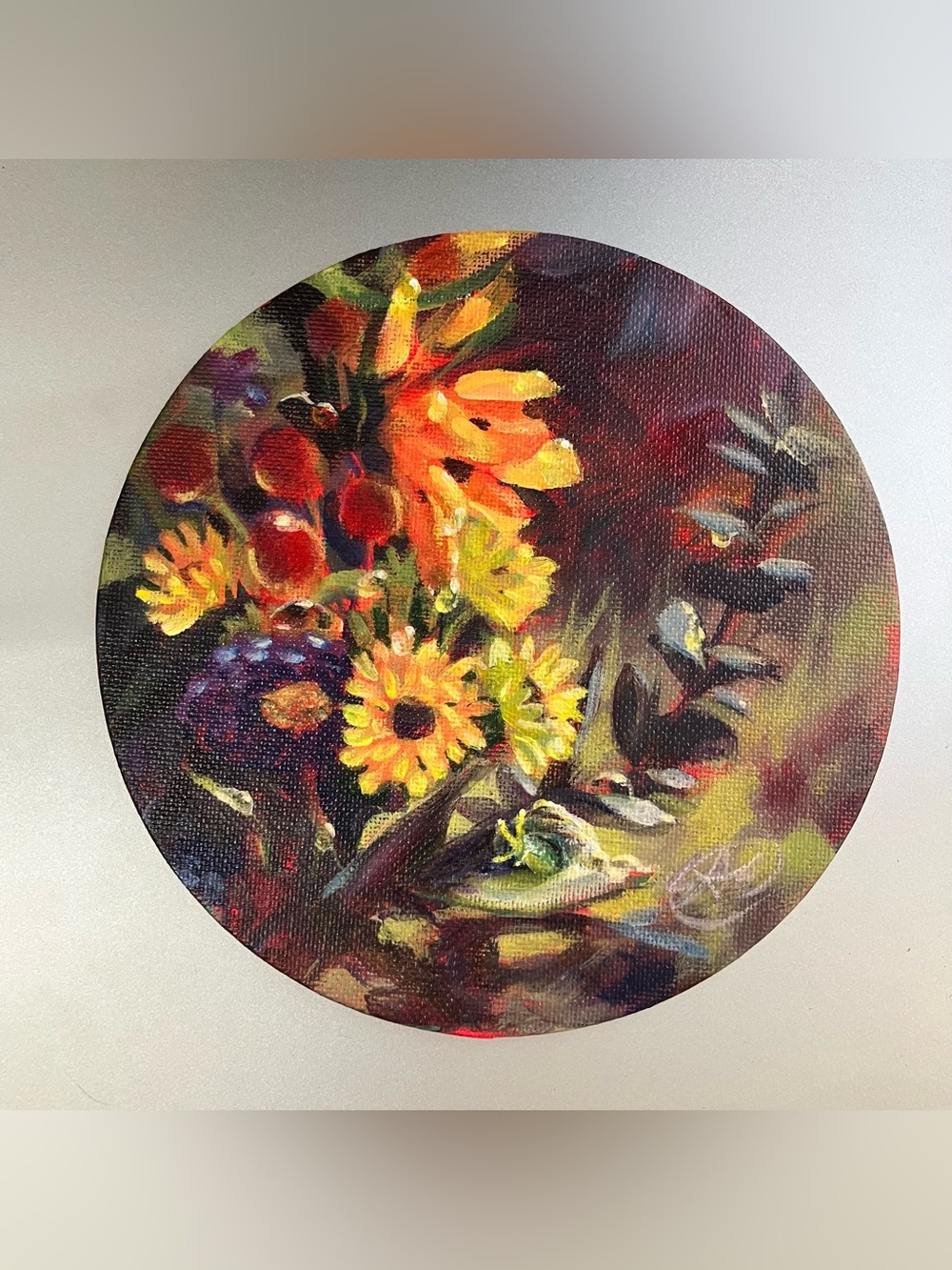 ORIGINAL floral still life painting snail round  art floral eucalyptus bouquet
